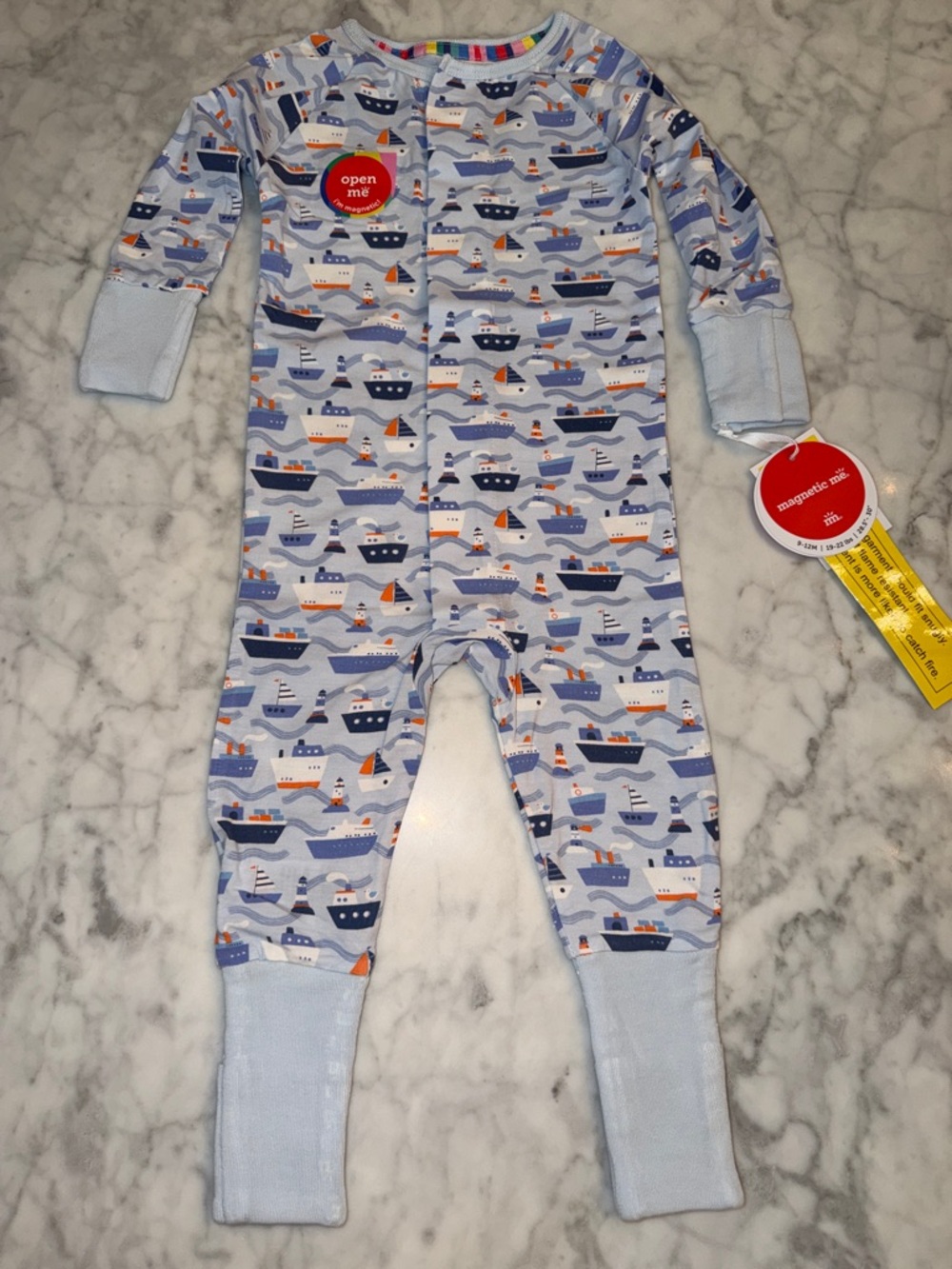 NWT Magnetic Me Modal Light Blue Nautical Ship Print Coverall 9/12M